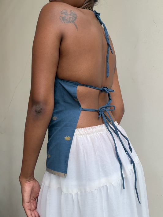 Taru: Blue with Beige Jamdani border