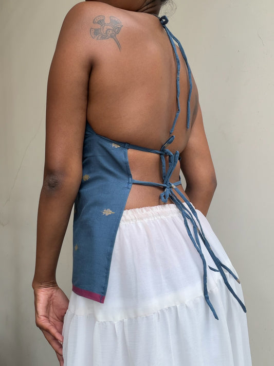 Taru: Blue with Purple Jamdani border