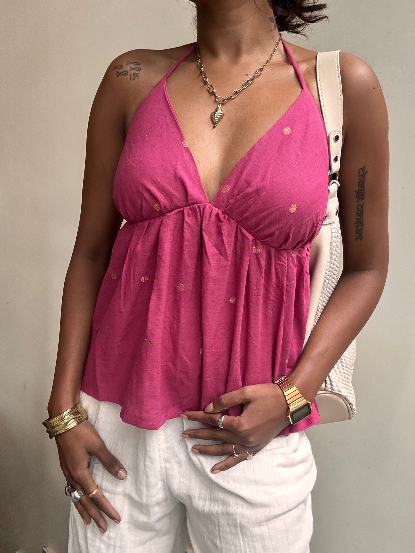 Tara: Pink with Gold Polka Dots