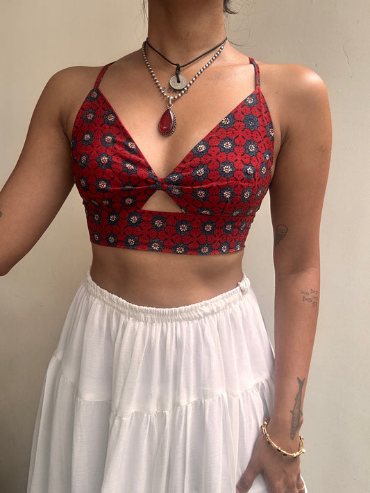 Bella: Red with Blue Geometric Floral Ajrakh