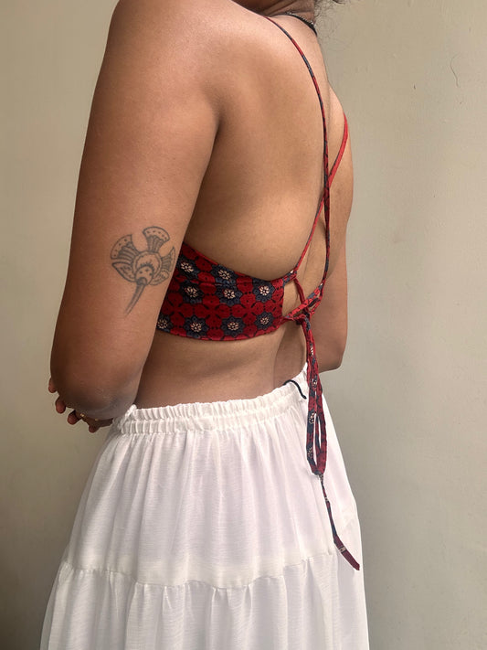 Bella: Red with Blue Geometric Floral Ajrakh