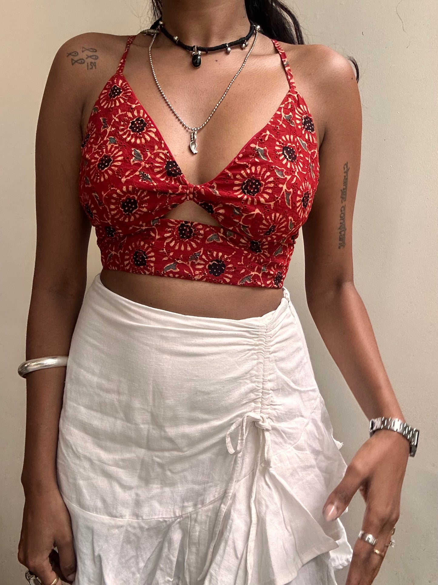 Bella: Red Pompom Floral Ajrakh