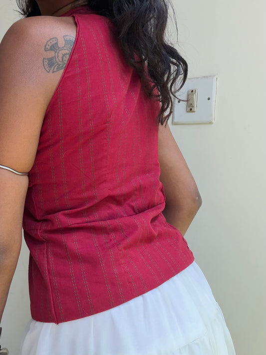Trupti: Red with Green Striped Jamdani