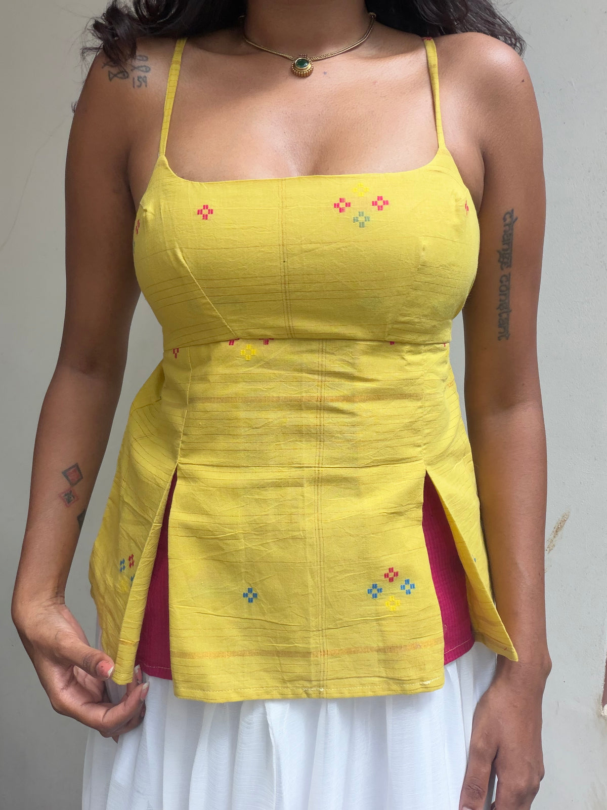 Delicia: Yellow with Pink Jamdani
