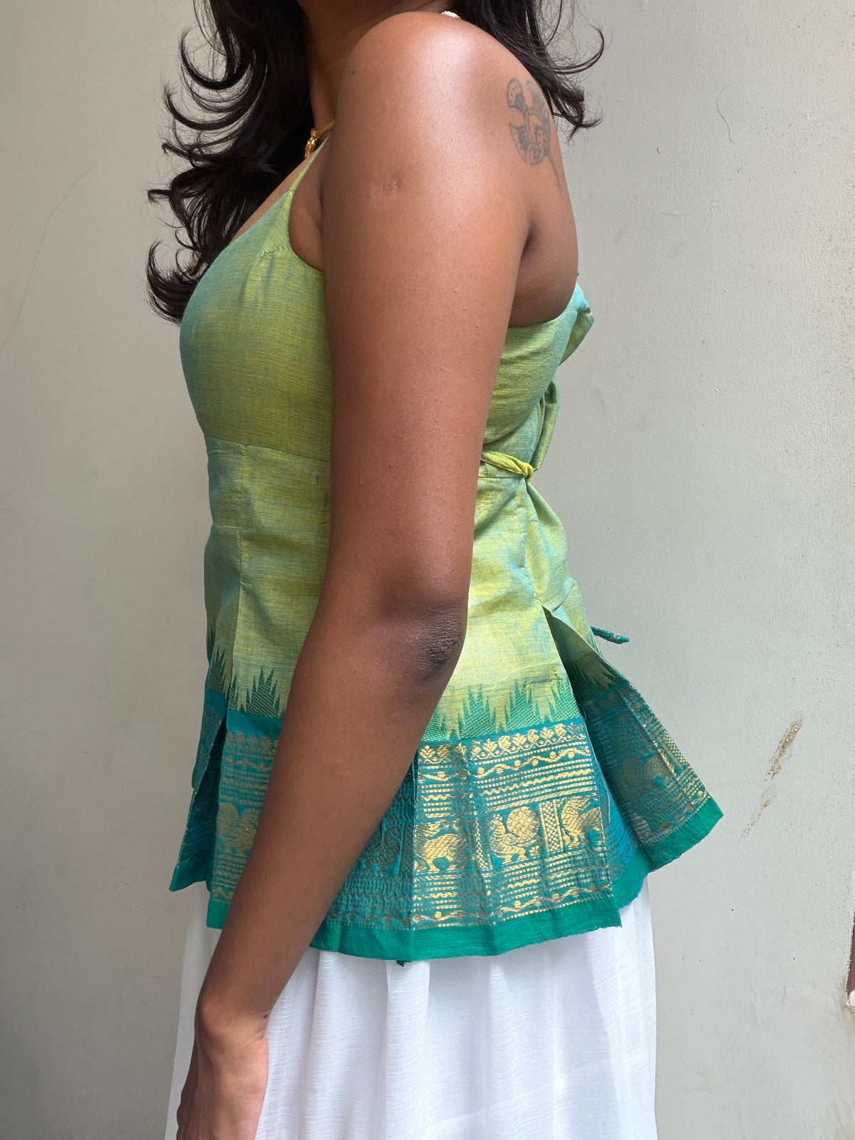 Delicia: Light Green With Teal Kanchi Cotton