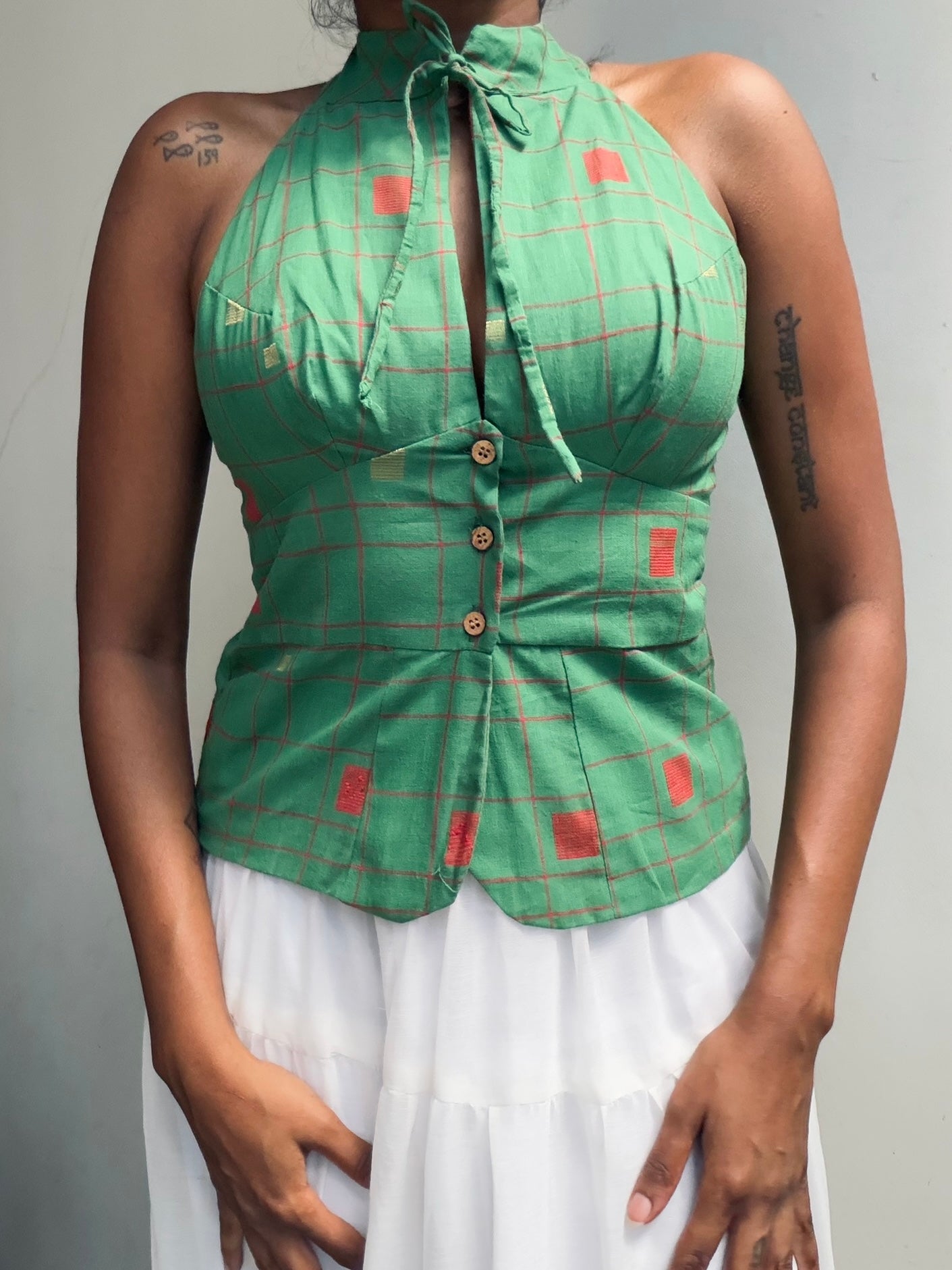 Trupti: Teal Jamdani with Orange checks
