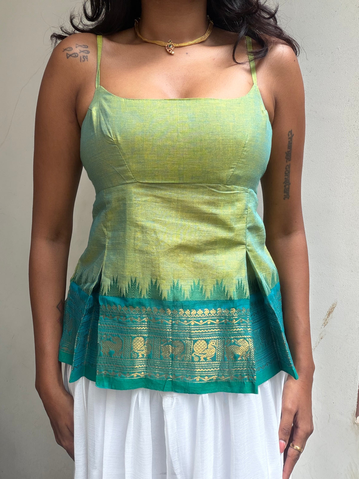 Delicia: Light Green With Teal Kanchi Cotton