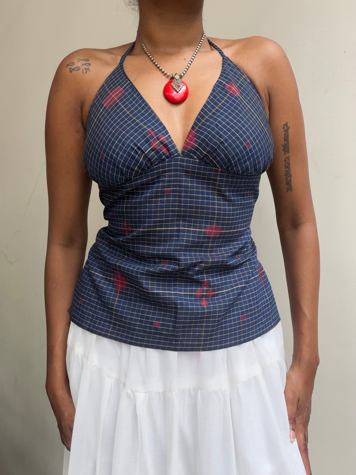 Taru: Navy Blue checks with Red Jamdani