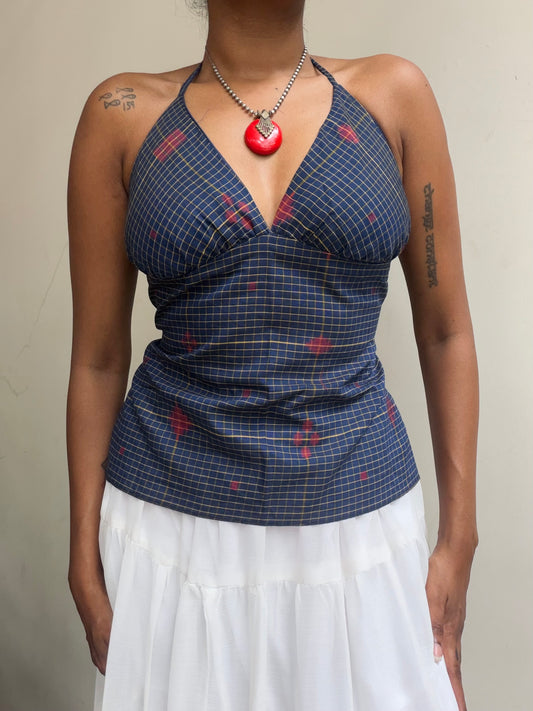 Taru: Navy Blue checks with Red Jamdani