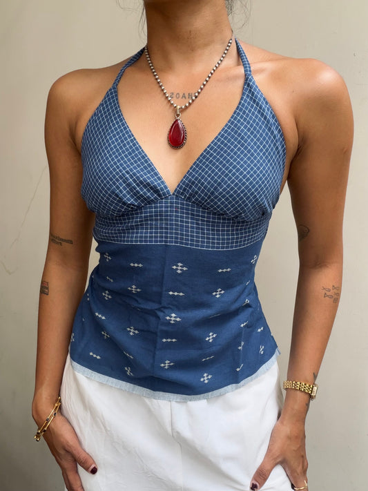 Taru: Blue checks with Jamdani border