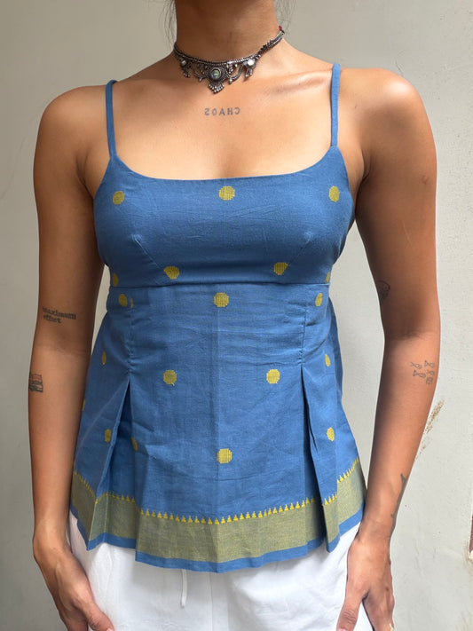 Delicia: Blue with Yellow polka Jamdani