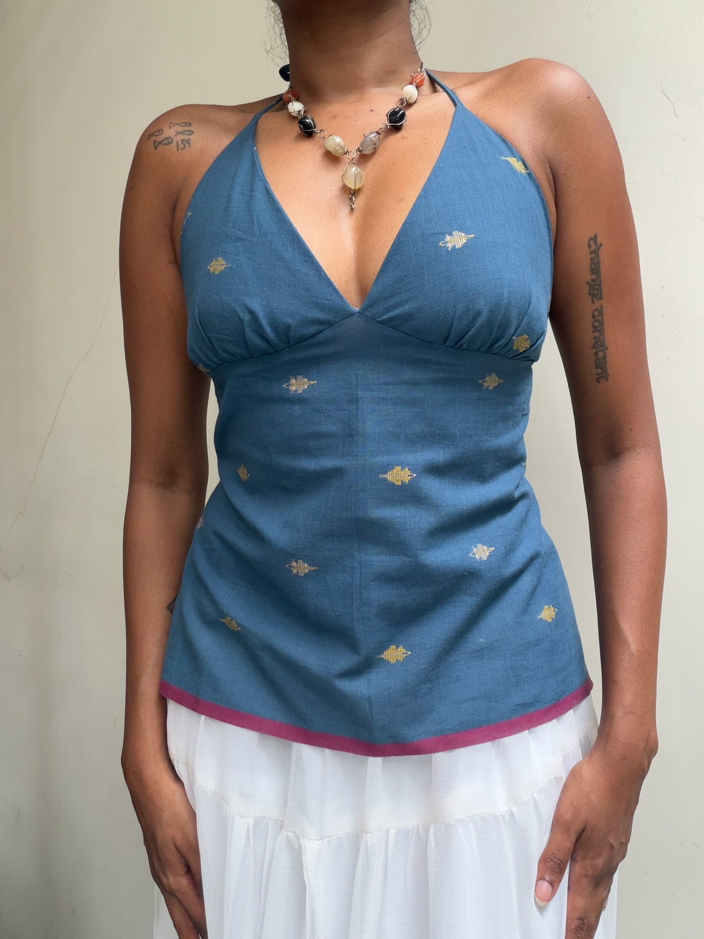 Taru: Blue with Purple Jamdani border