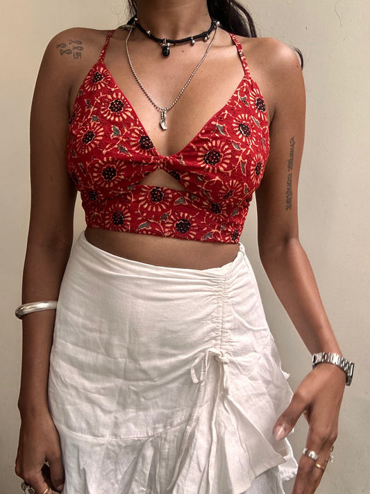 Bella: Red Pompom Floral Ajrakh