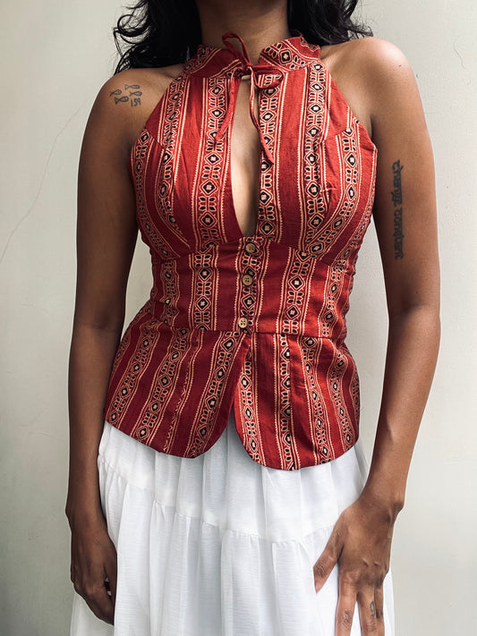 Trupti: Red Geometric Striped Ajrakh