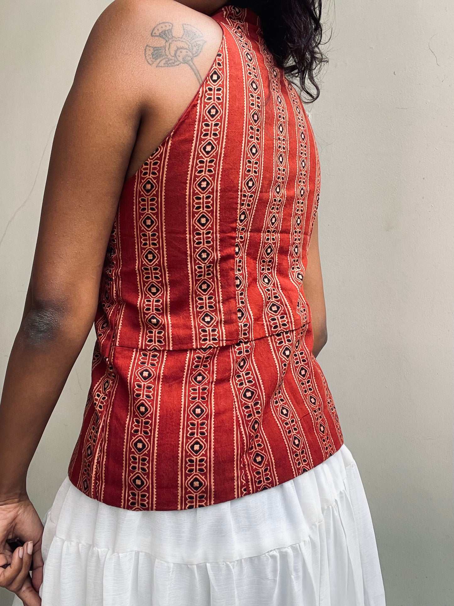 Trupti: Red Geometric Striped Ajrakh