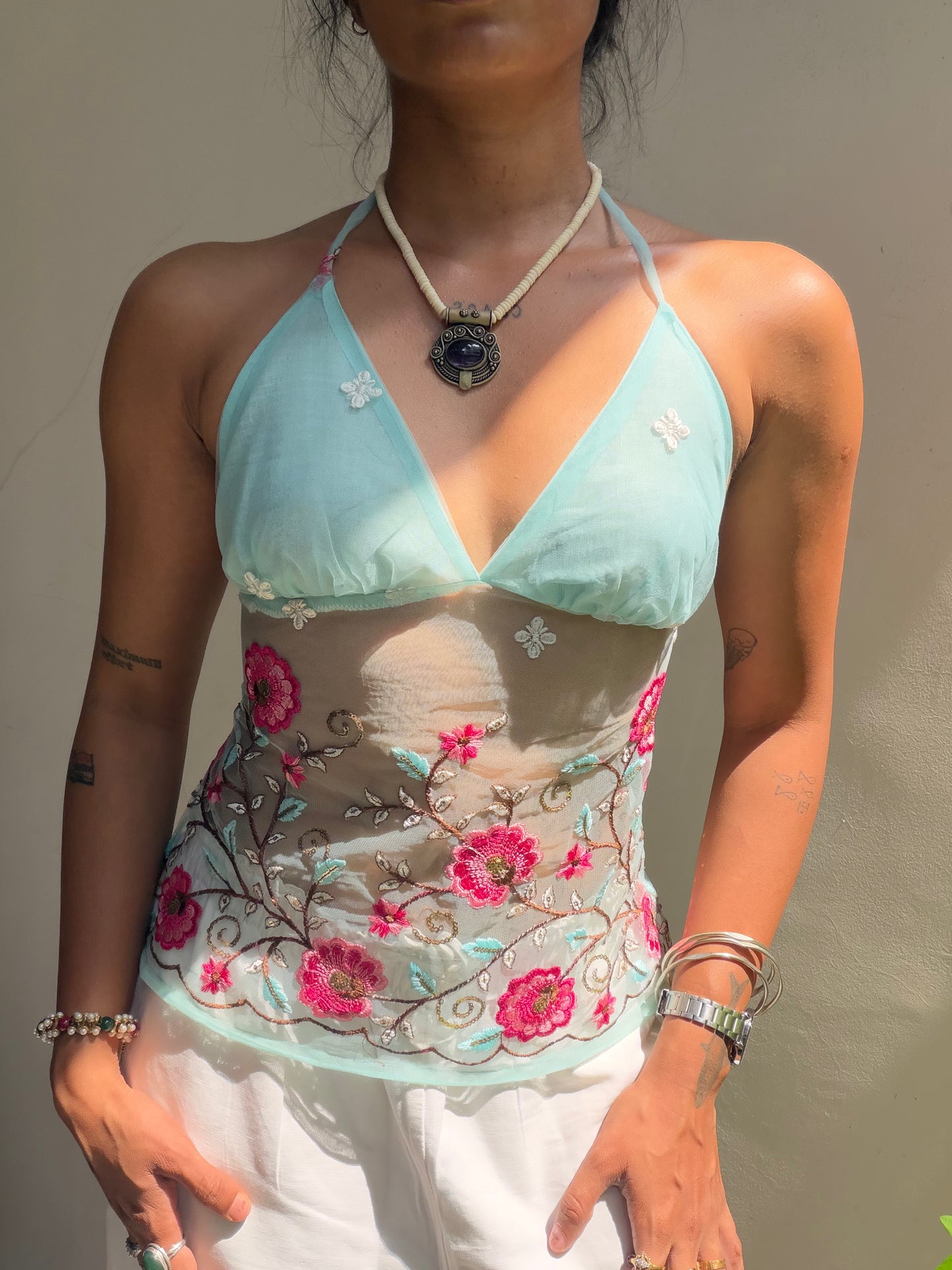 Taru: Blue With Pink Floral Embroidery