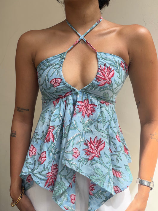 Noor: Blue & Pink Floral Sanganeri